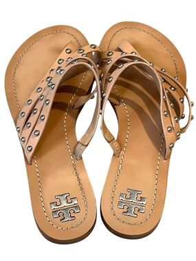 TORY BURCH Patos Studded Thong Sandal - Nude Tan Leather - Silver Studs - Size 7
